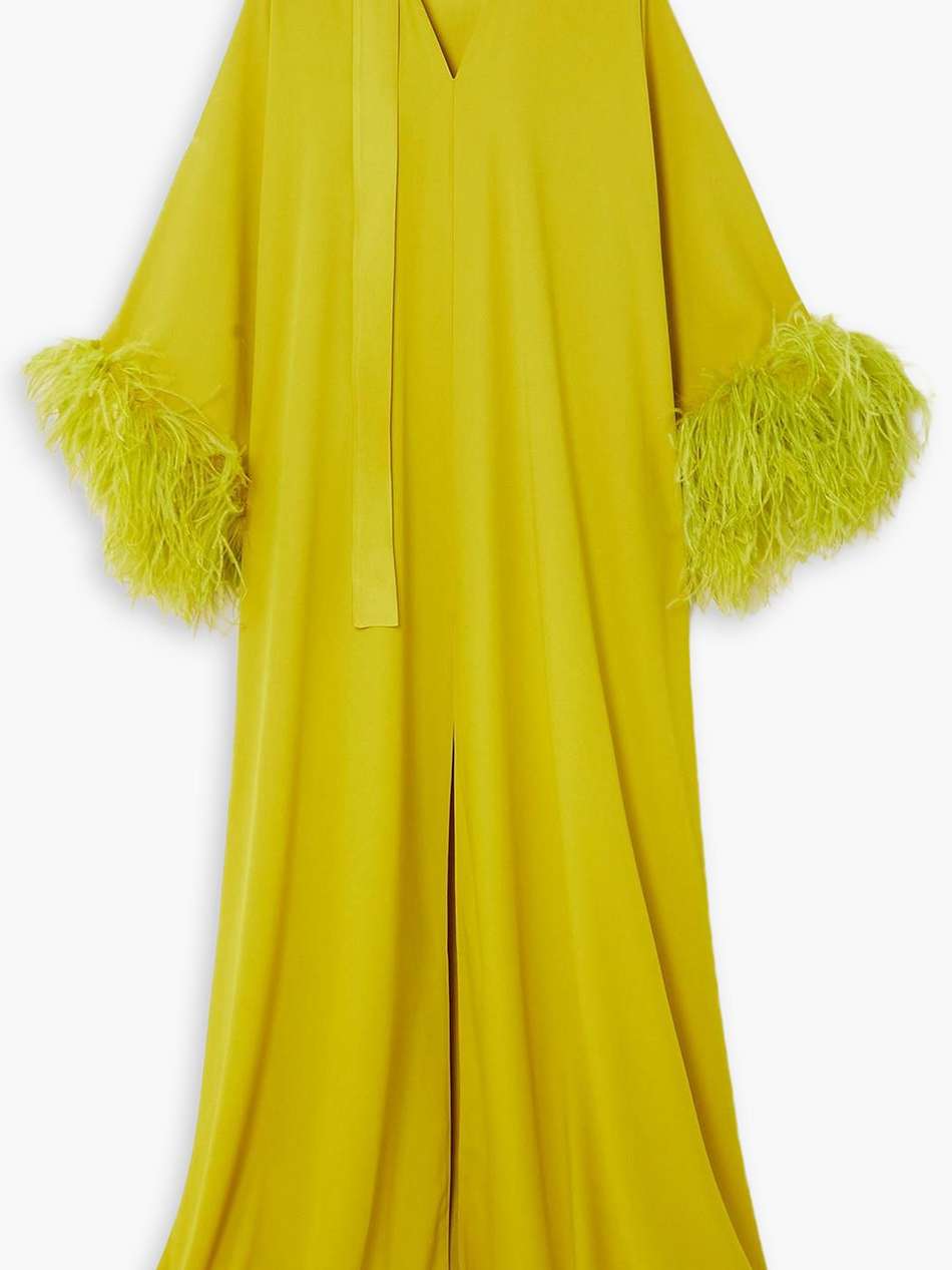 feather-trimmed crepe kaftan