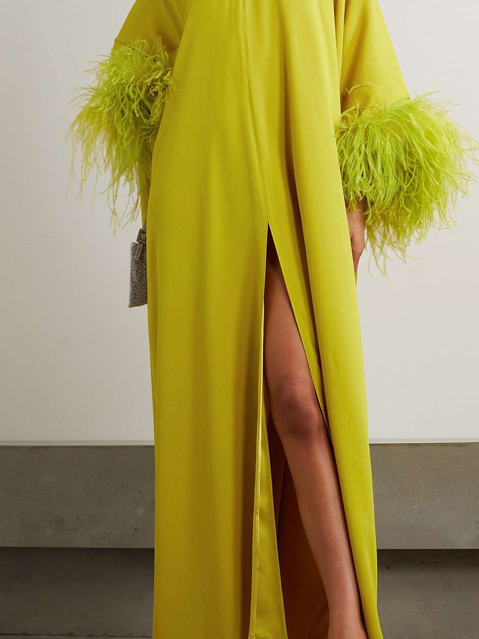 feather-trimmed crepe kaftan