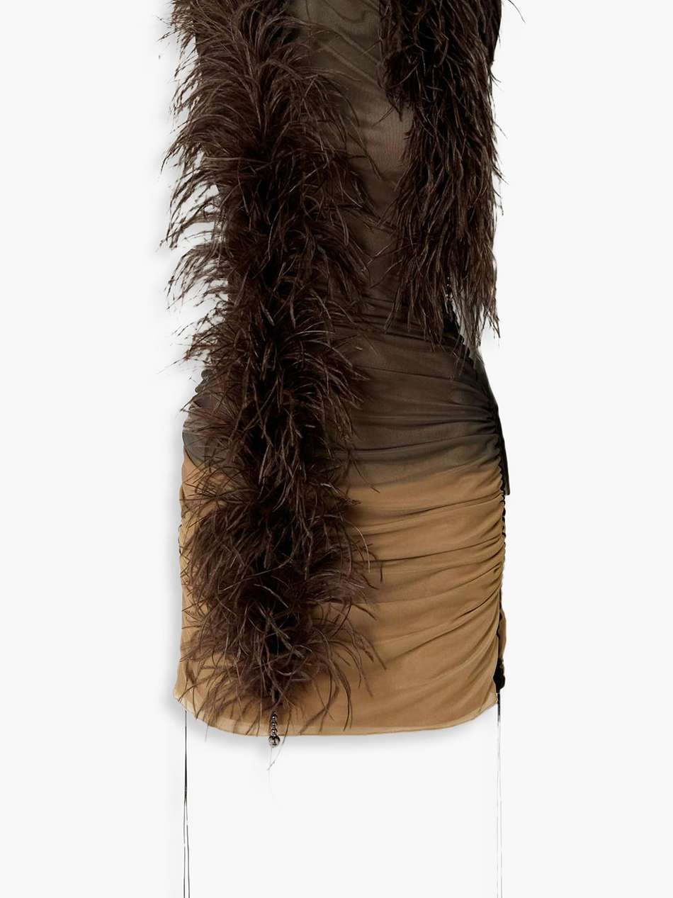 antares feather-trimmed bead-embellished stretch-tulle mini dress