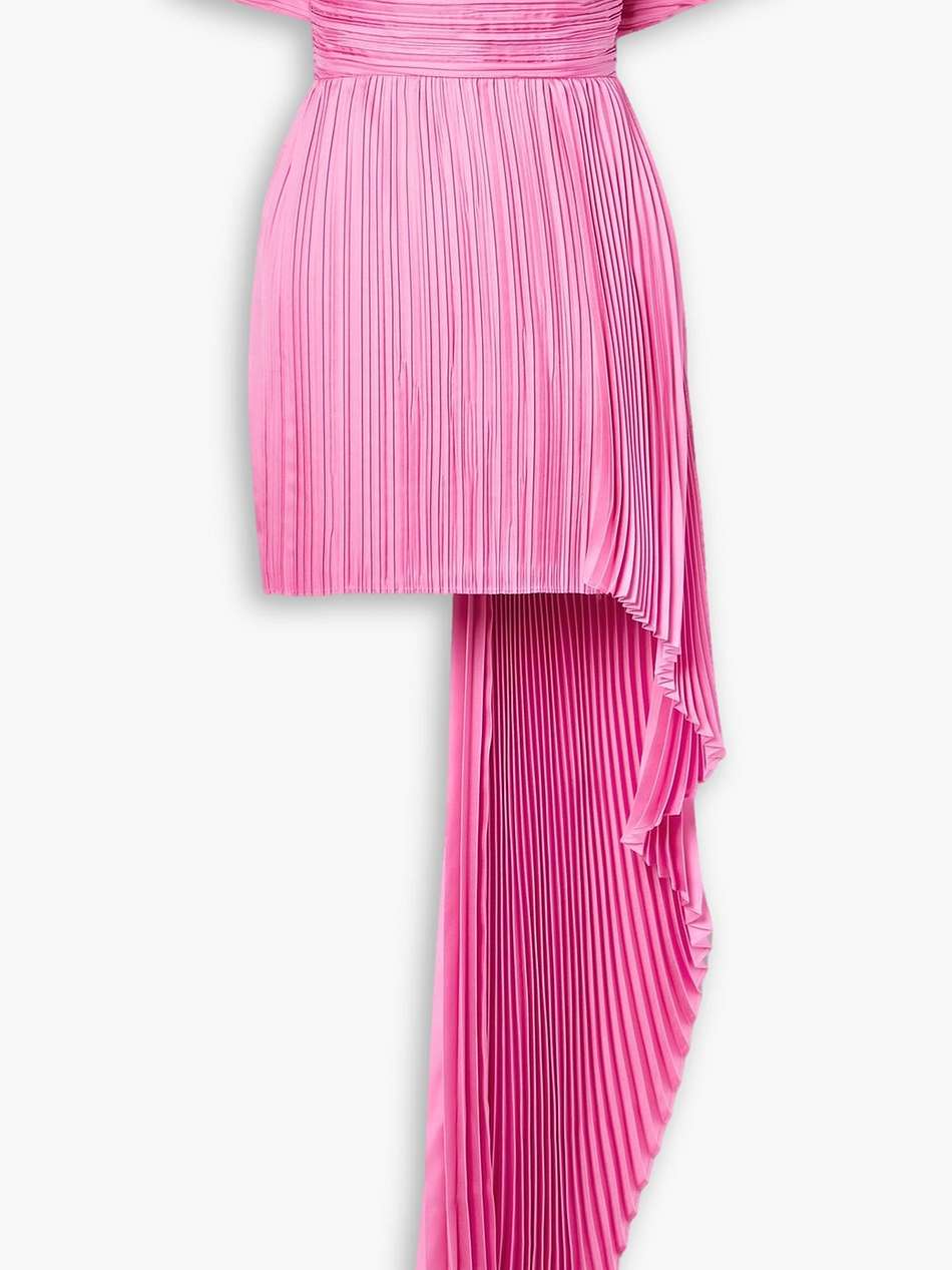 off-the-shoulder asymmetric plissé silk-charmeuse mini dress