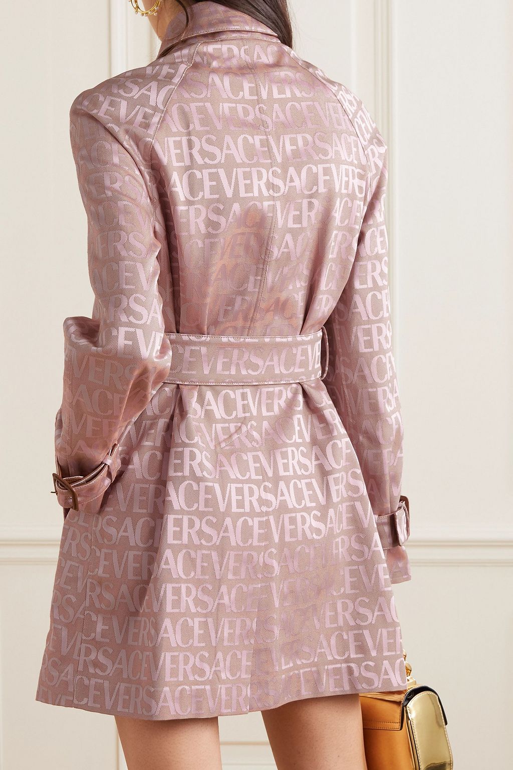 VERSACE Belted leather-trimmed canvas-jacquard trench coat