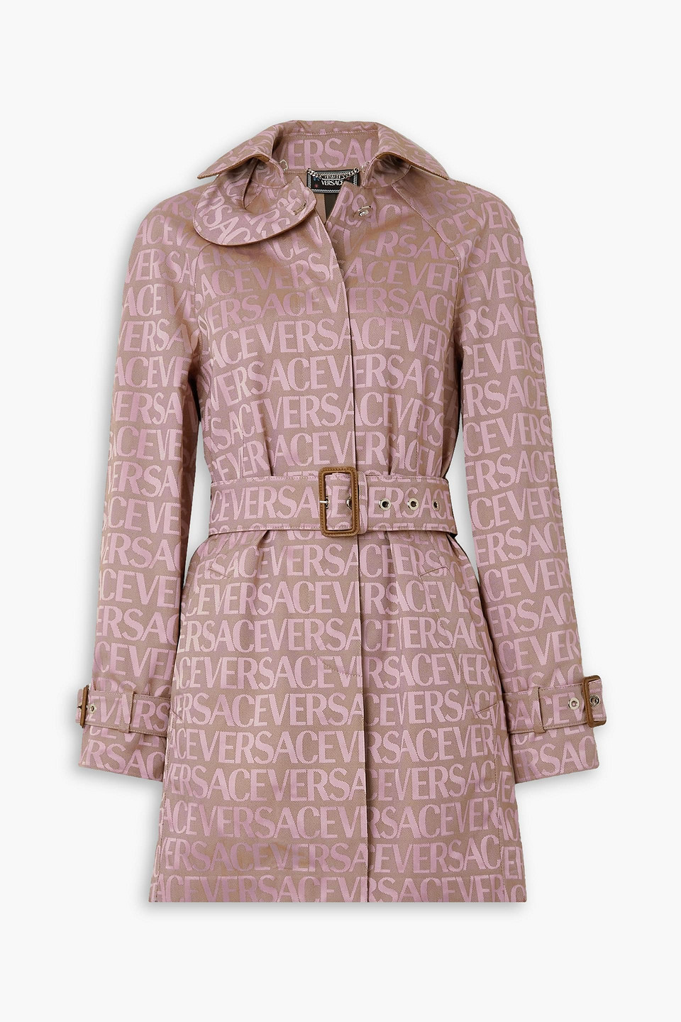 Versace Belted Leather-trimmed Canvas-jacquard Trench Coat In Baby Pink