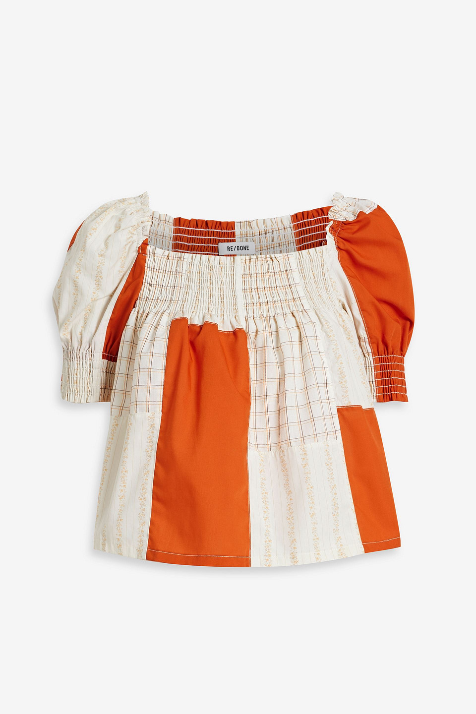 Re/done 70s Shirred Patchwork Printed Cotton Top In Orange