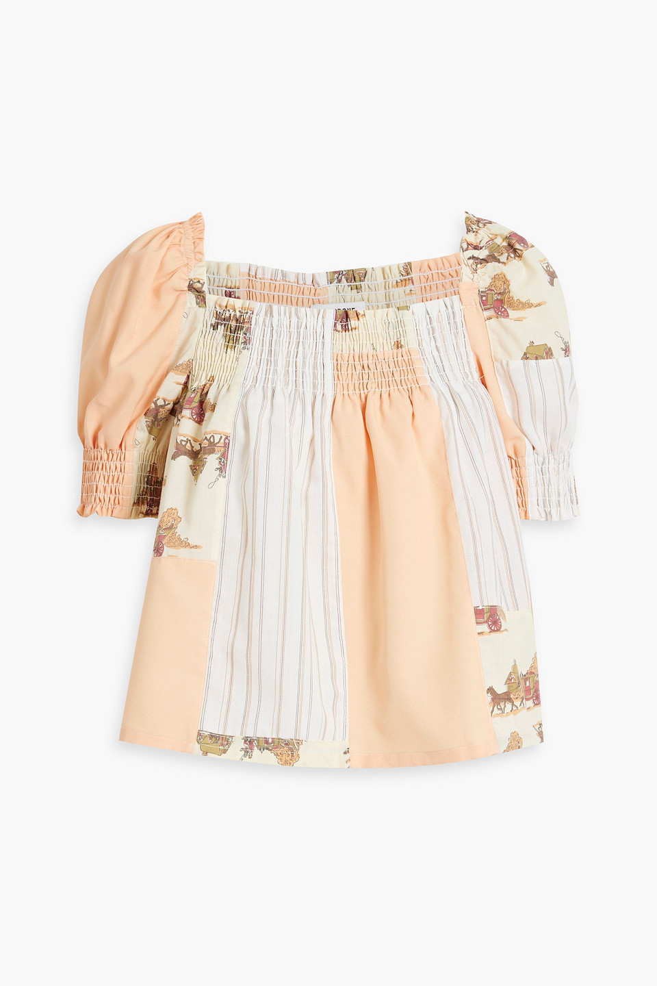 Re/done 70s Shirred Patchwork Printed Cotton Top In Pastel Orange