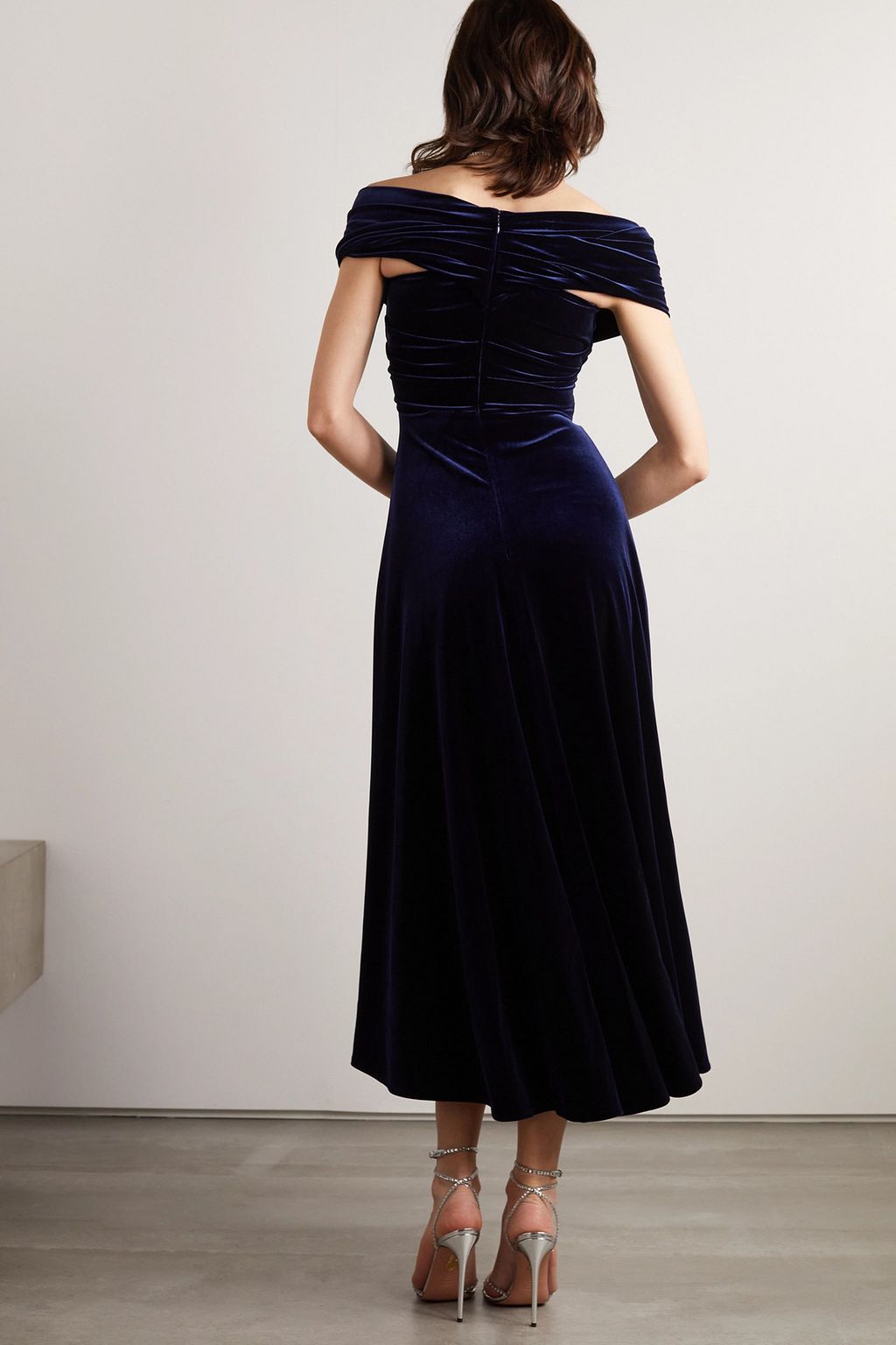 TALBOT RUNHOF Off-the-shoulder draped stretch-velvet midi dress
