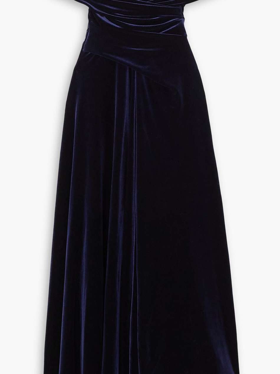 off-the-shoulder draped stretch-velvet midi dress