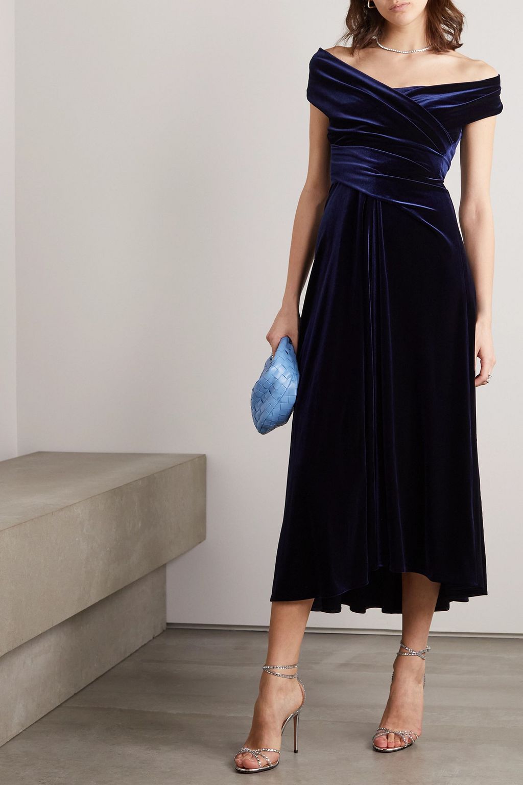 TALBOT RUNHOF Off-the-shoulder draped stretch-velvet midi dress