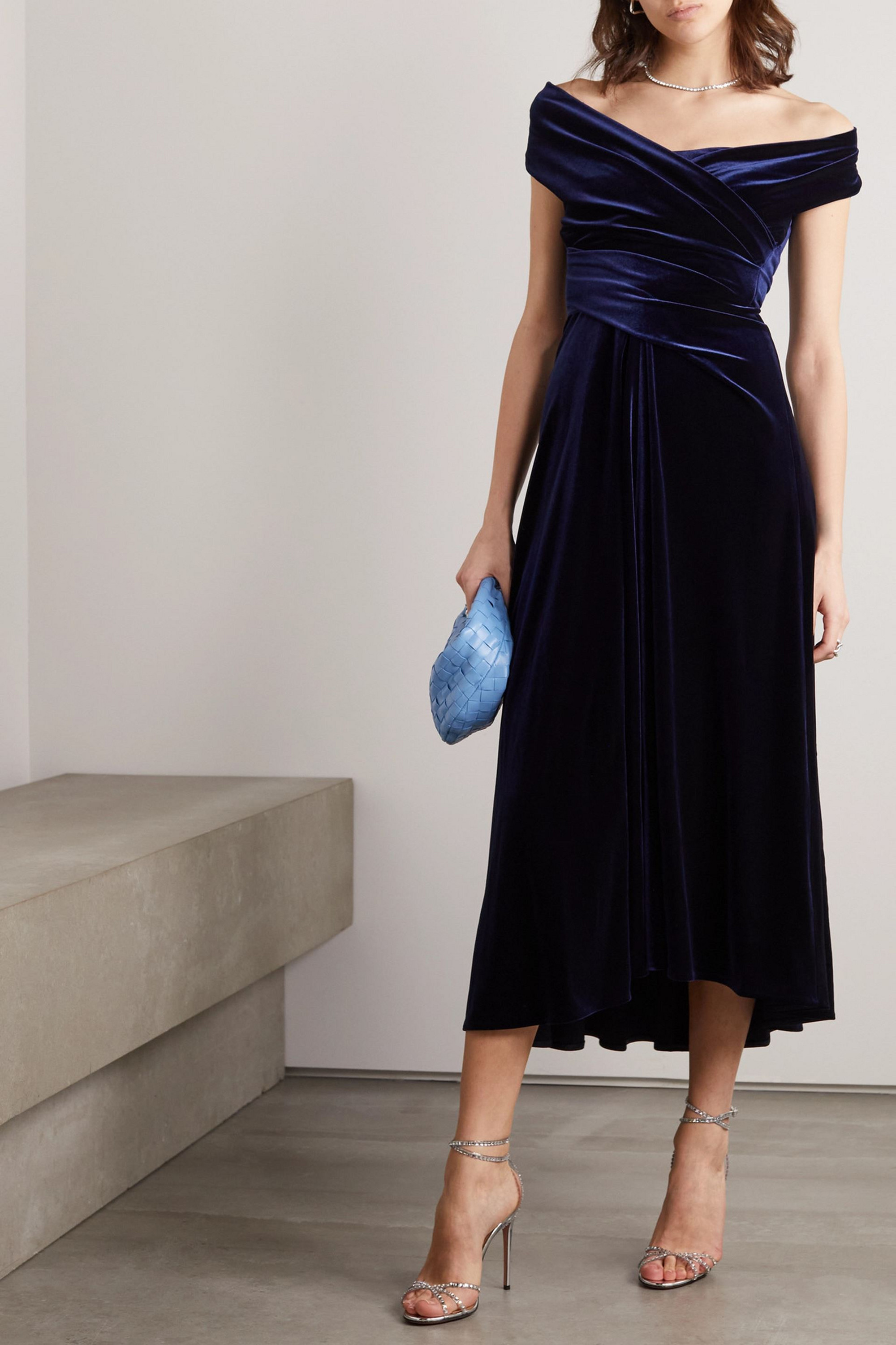 TALBOT RUNHOF Off-the-shoulder draped stretch-velvet midi dress