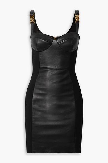 VERSACE Embellished jersey-paneled leather mini dress