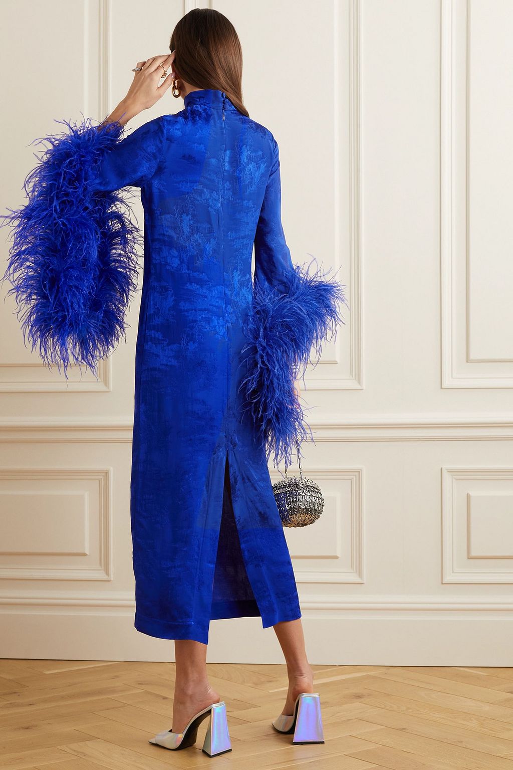 TALLER MARMO Toile Del Rio feather-trimmed satin-jacquard midi dress
