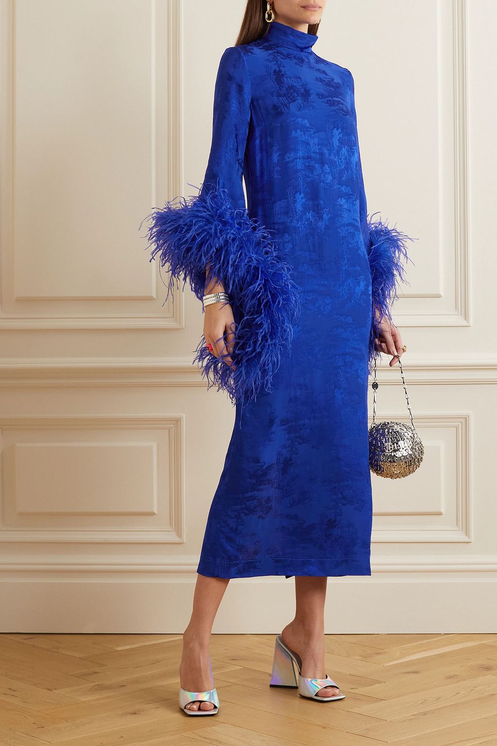 TALLER MARMO Toile Del Rio feather-trimmed satin-jacquard midi dress