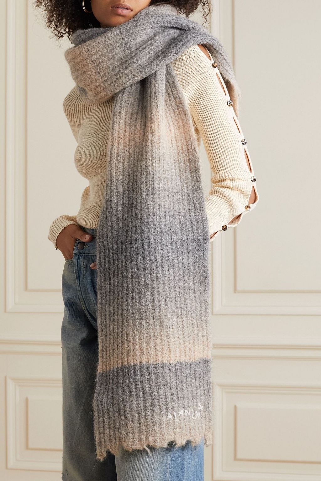 ALANUI Ice Caves distressed embroidered ribbed alpaca-blend scarf