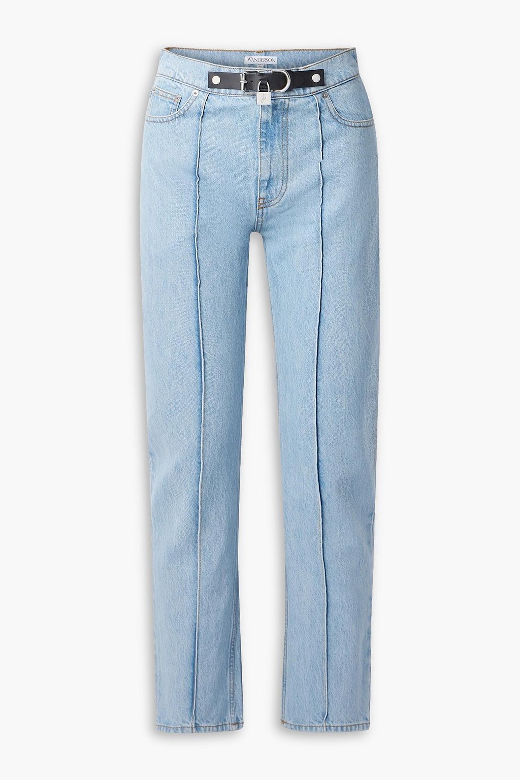 Embellished leather trimmed high rise straight leg jeans light denim XXS