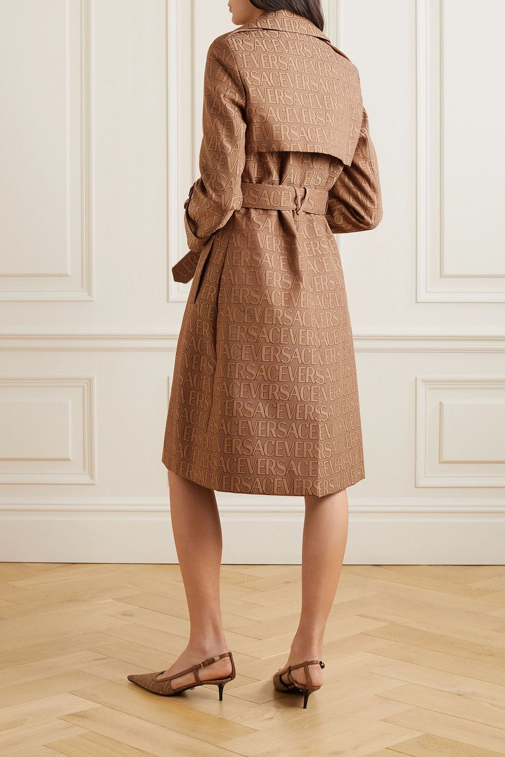 VERSACE Double-breasted canvas-jacquard trench coat