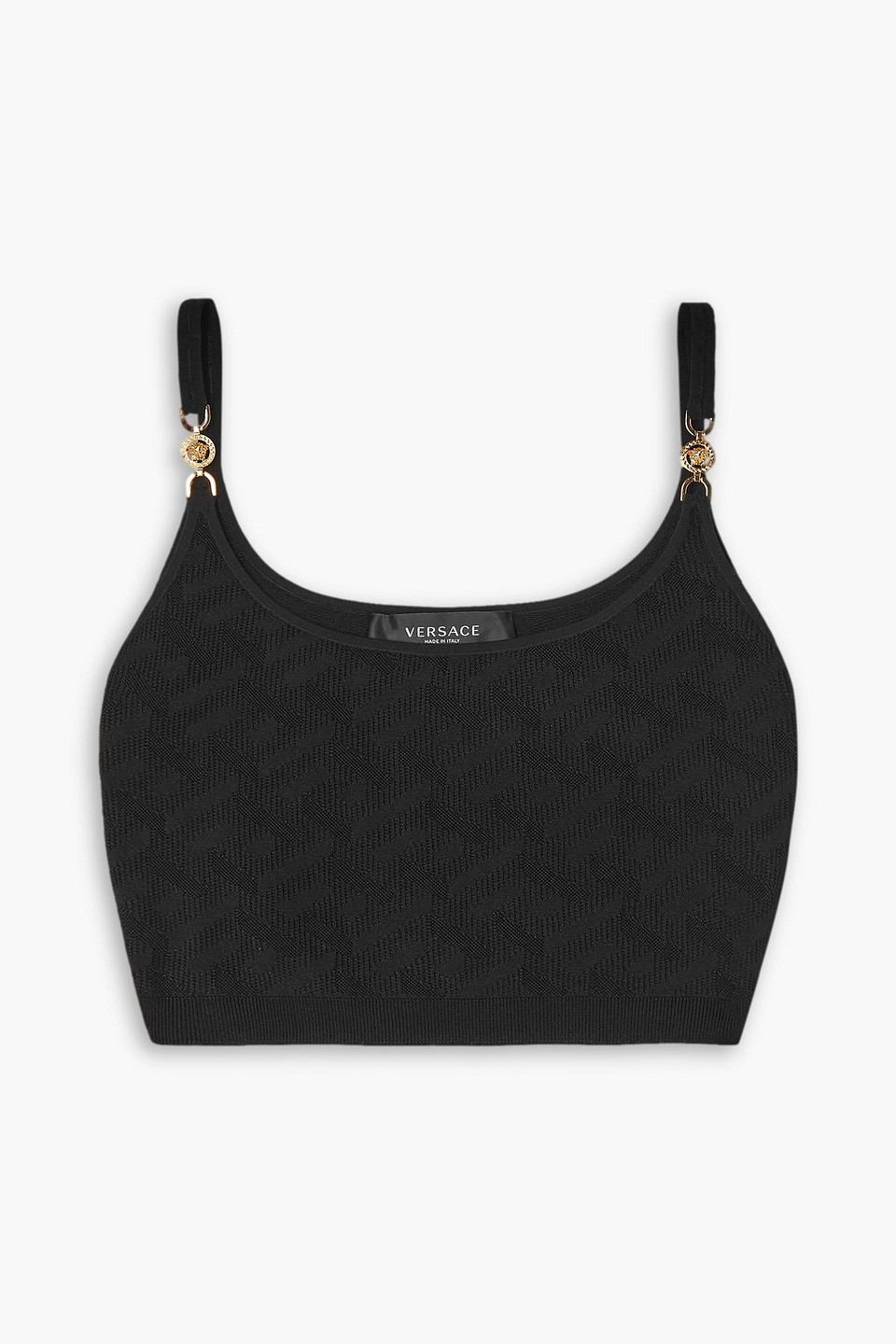 Versace La Greca Copped Embellished Knitted Top In Schwarz