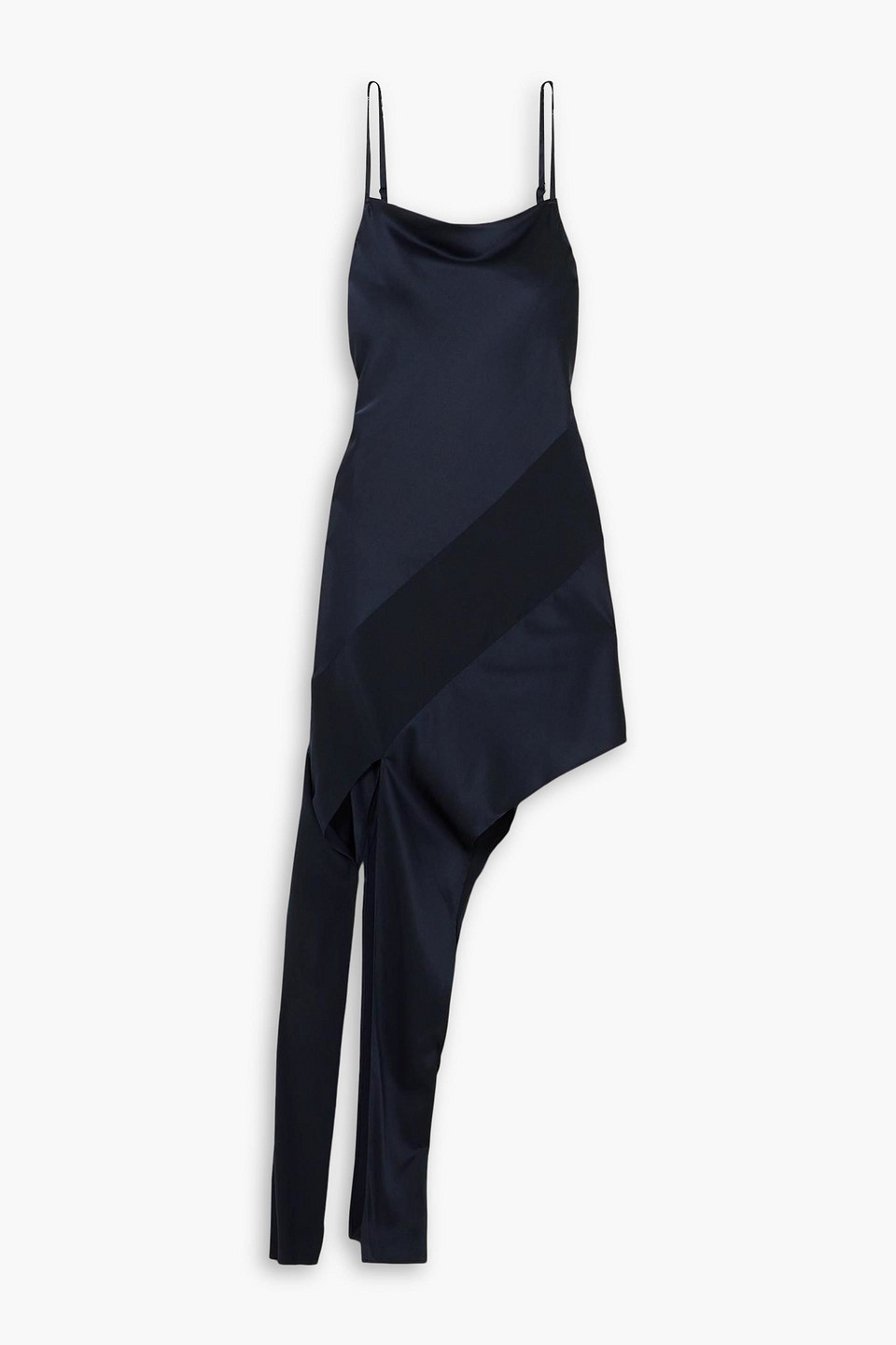 Helmut Lang Slash Asymmetric Crepe-trimmed Stretch-silk Midi Dress In Navy