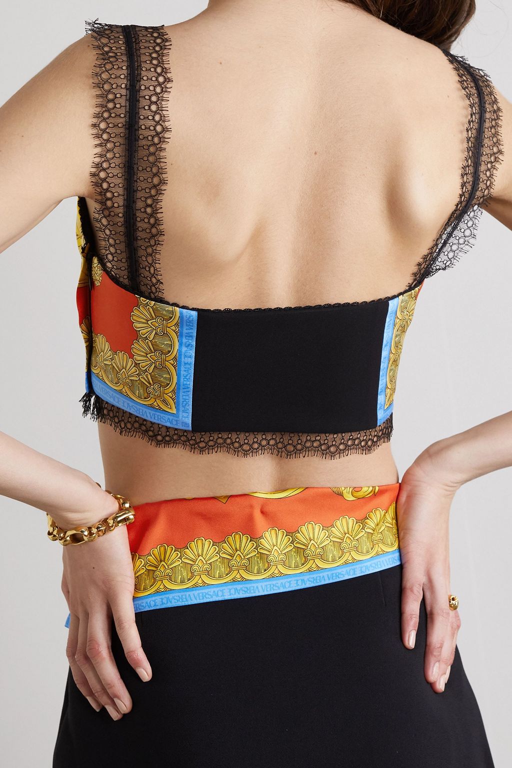VERSACE Lace-trimmed printed silk-twill bralette