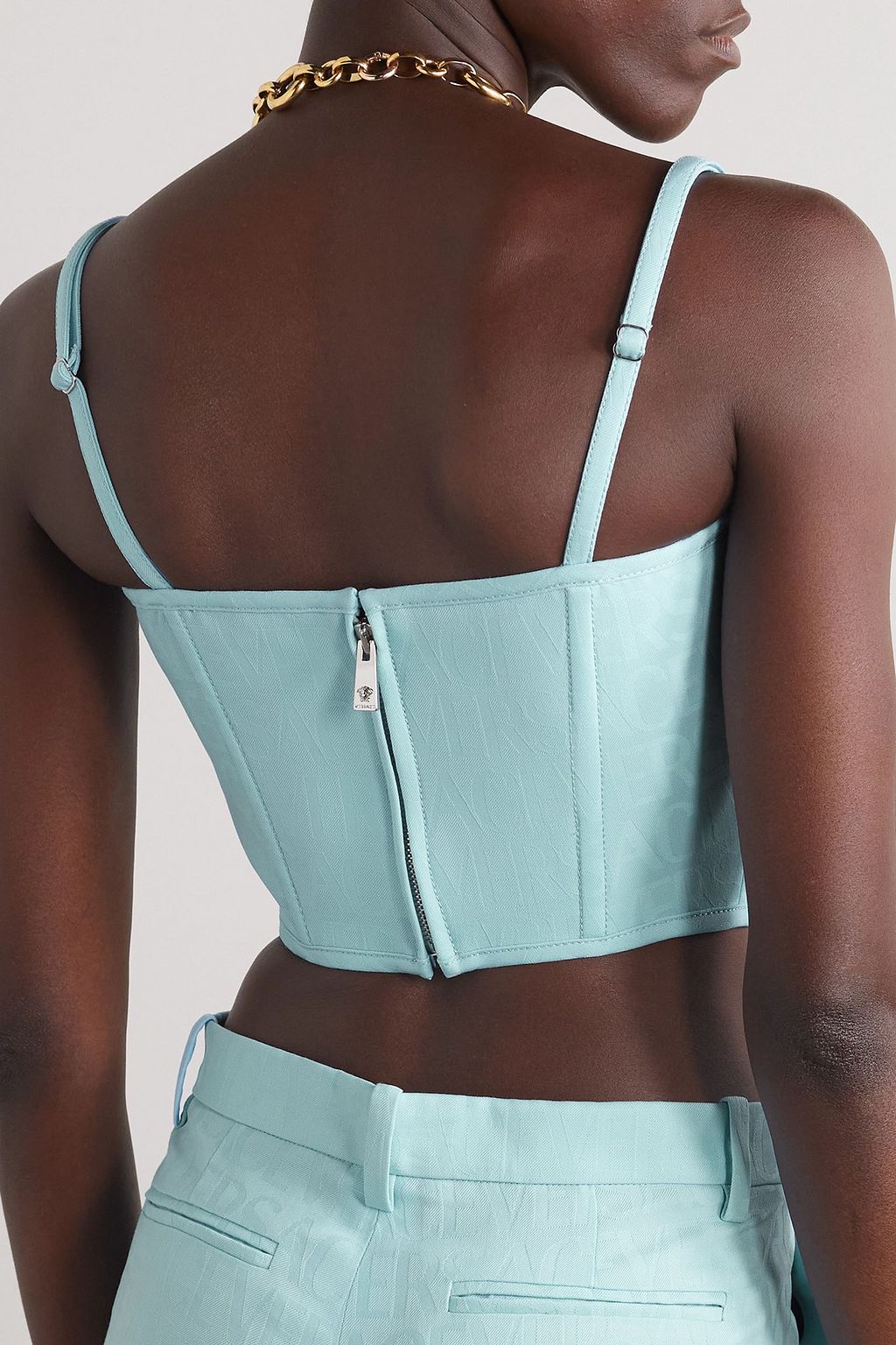 VERSACE Cropped embellished wool-twill bustier top