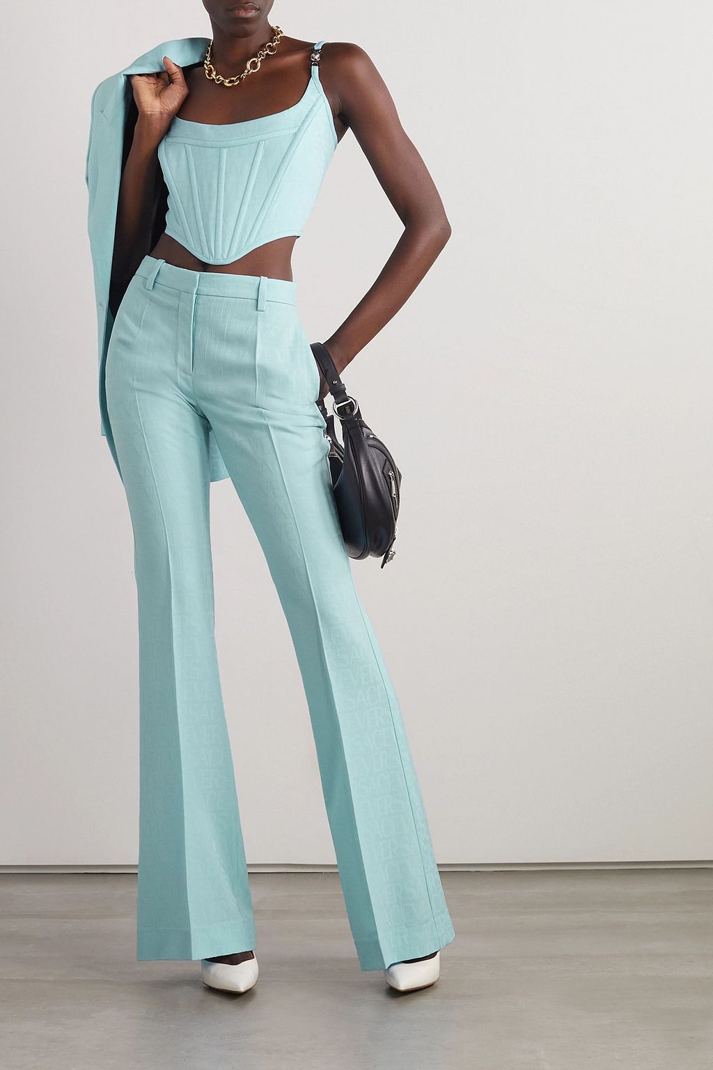 VERSACE Cropped embellished wool-twill bustier top