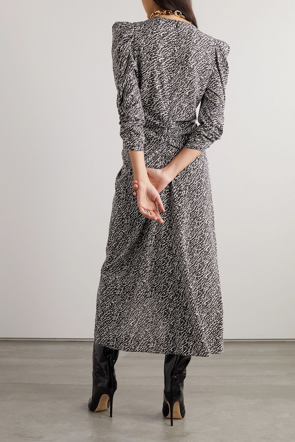 ISABEL MARANT シルク混 ミディ丈ワンピース ギャザー＆プリント入り