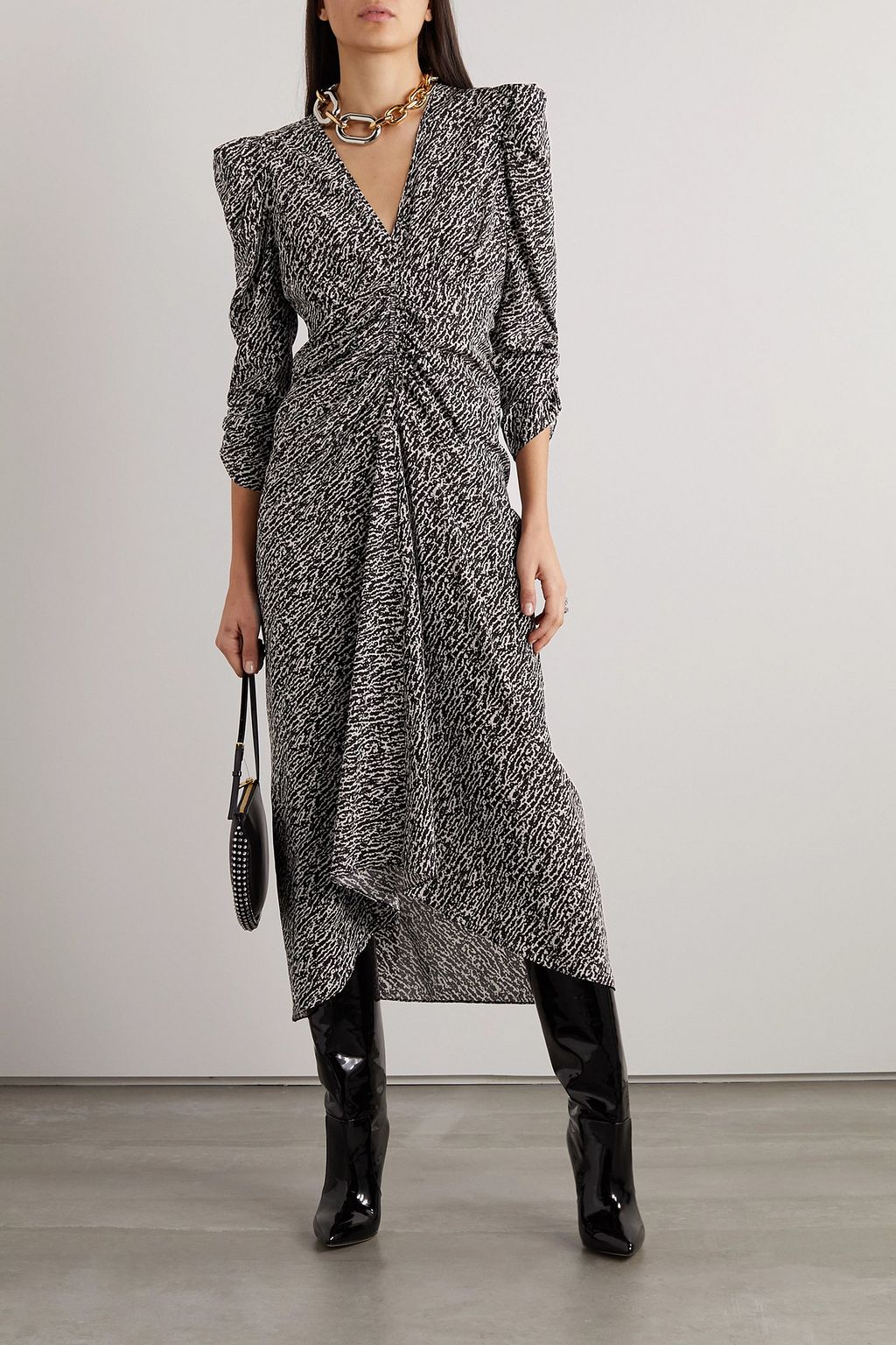 ISABEL MARANT シルク混 ミディ丈ワンピース ギャザー＆プリント入り