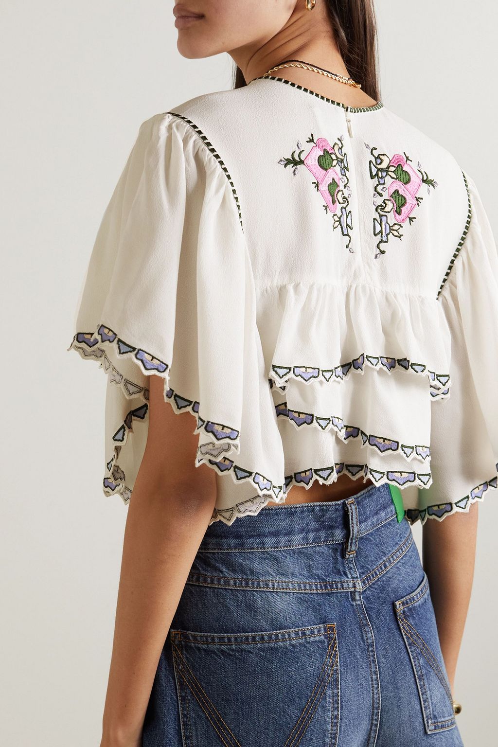 ISABEL MARANT Sana cropped tiered embroidered crepe de chine blouse