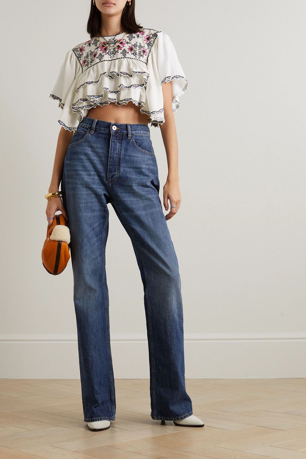 ISABEL MARANT Sana cropped tiered embroidered crepe de chine blouse