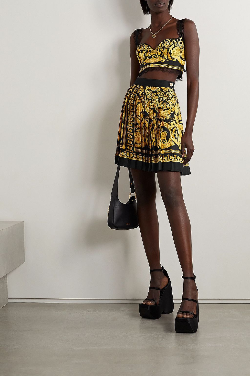 VERSACE Lace-trimmed printed silk-twill bralette