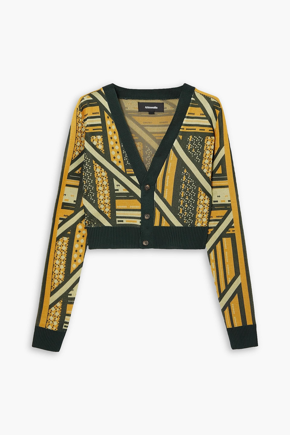 Ahluwalia Ayo Cropped Intarsia-knit Cardigan In Green/yellow