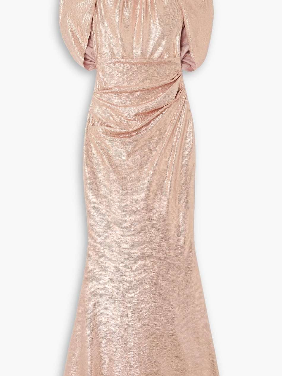 cape-effect gathered metallic stretch-jersey gown