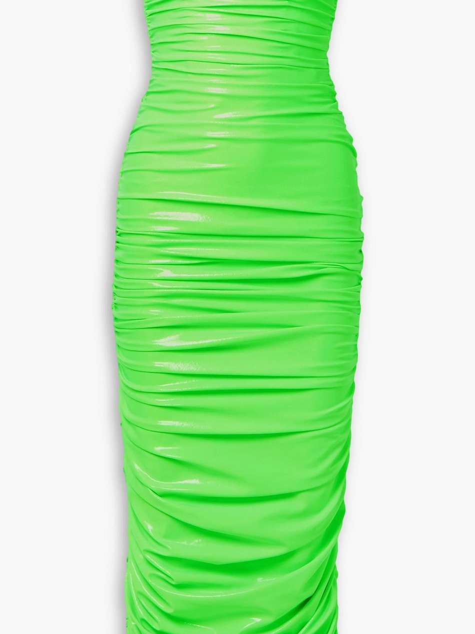 strapless ruched neon coated stretch-jersey midi dress