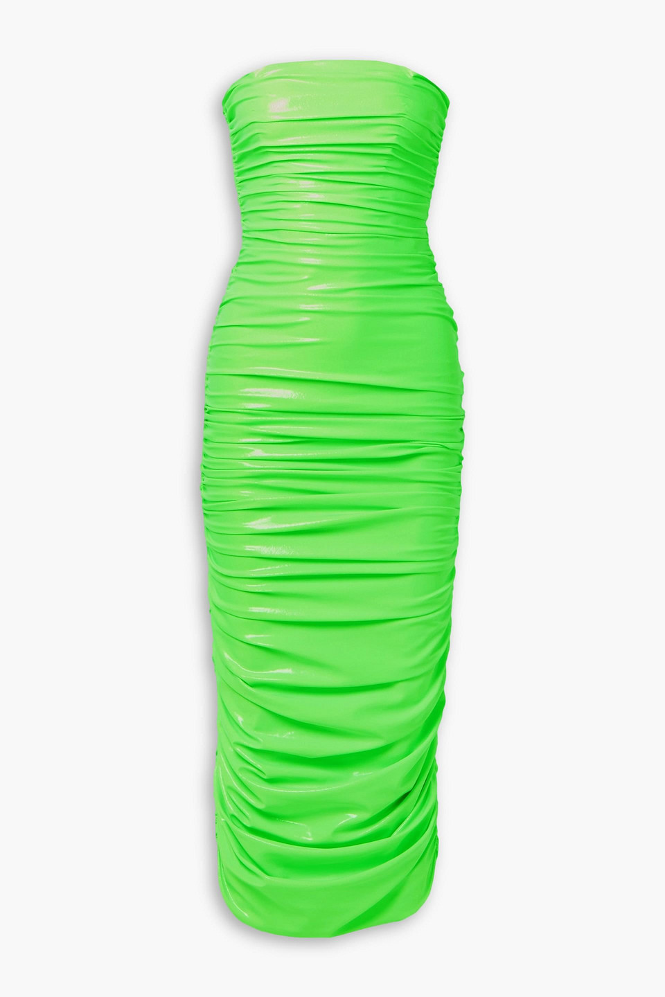 Sergio Hudson Strapless Ruched Neon Coated Stretch-jersey Midi Dress In Bright Green
