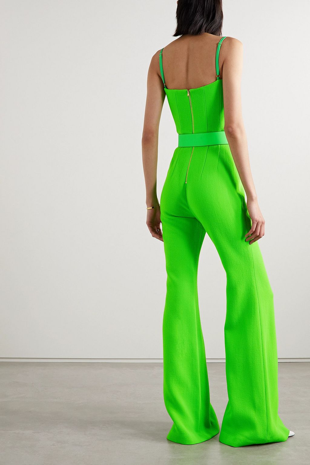 SERGIO HUDSON Belted nubuck-trimmed neon wool-crepe jumpsuit