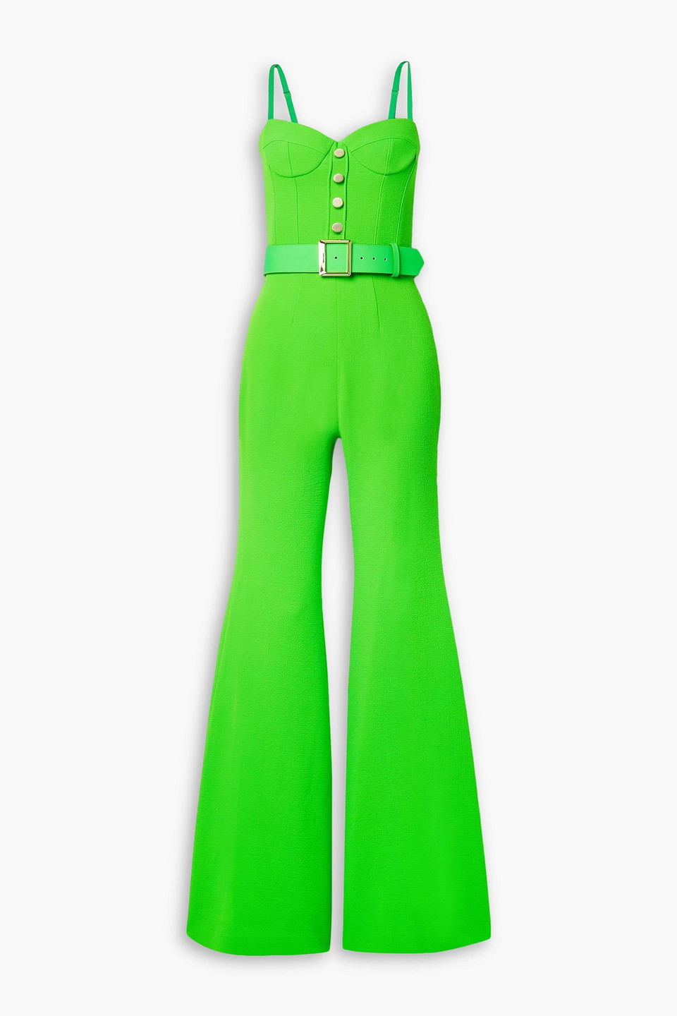 Sergio Hudson Belted Nubuck-trimmed Neon Wool-crepe Jumpsuit In Bright Green