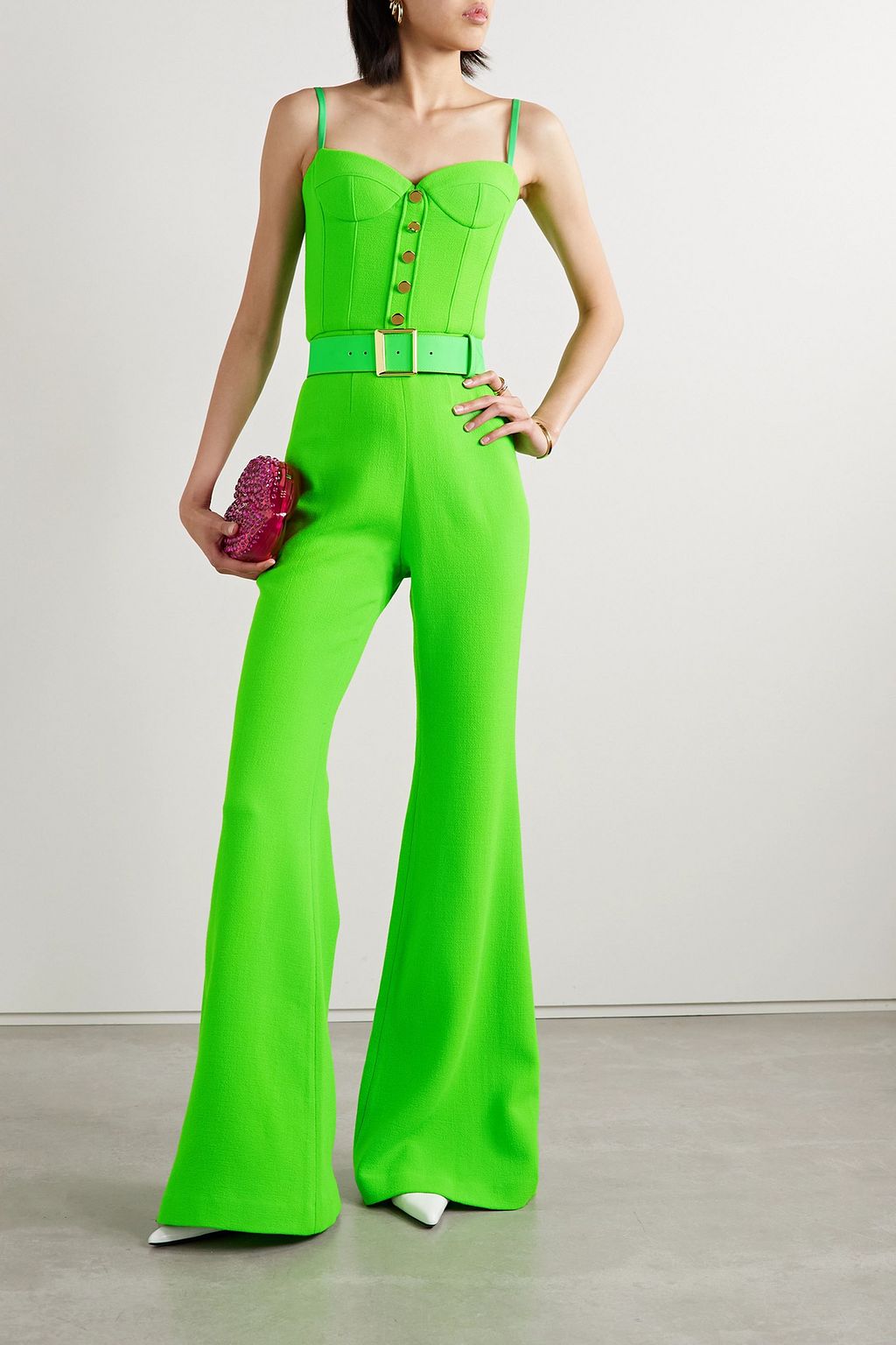 SERGIO HUDSON Belted nubuck-trimmed neon wool-crepe jumpsuit