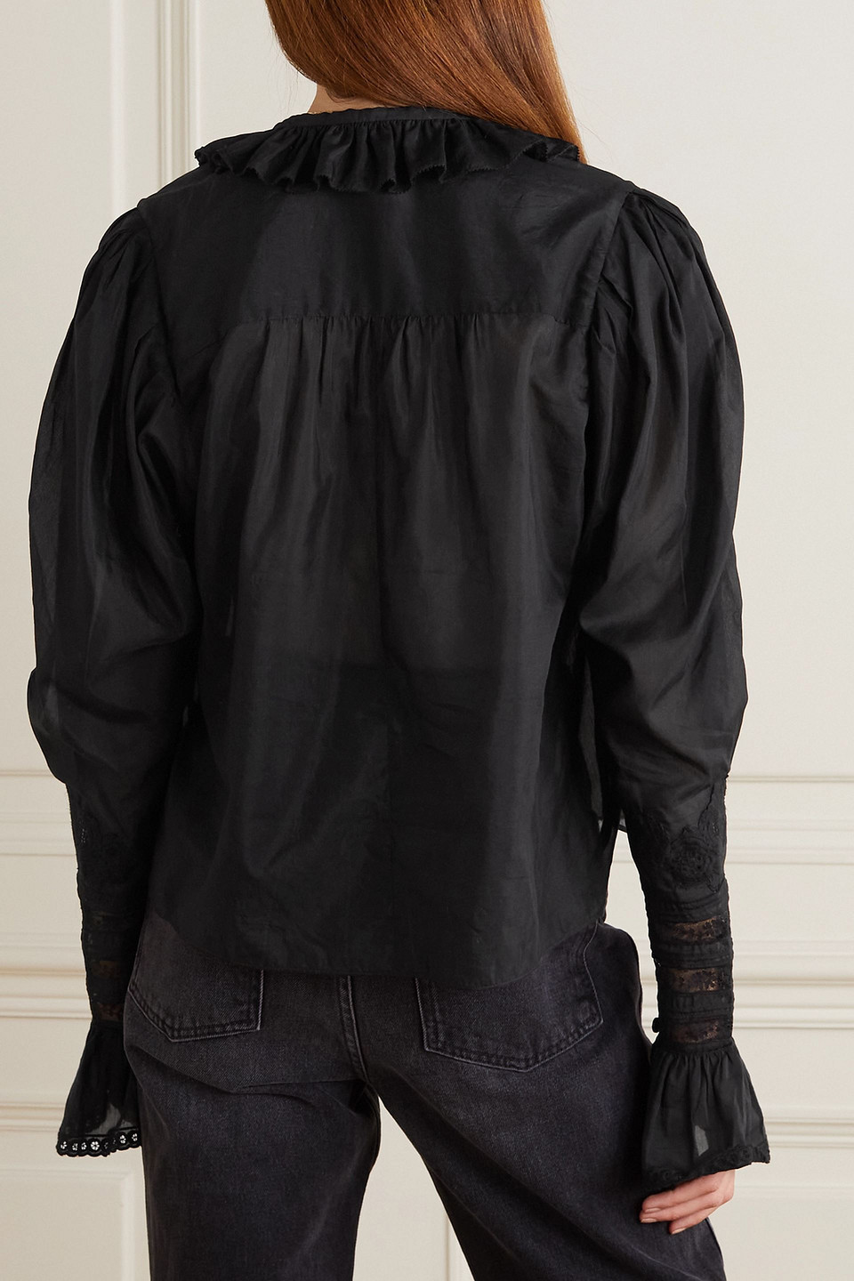 Isabel Marant Ginette Lace-trimmed Ruffled Cotton And Silk-blend Blouse In Black