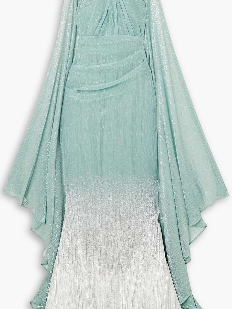 cape-effect metallic dégradé plissé-knit gown