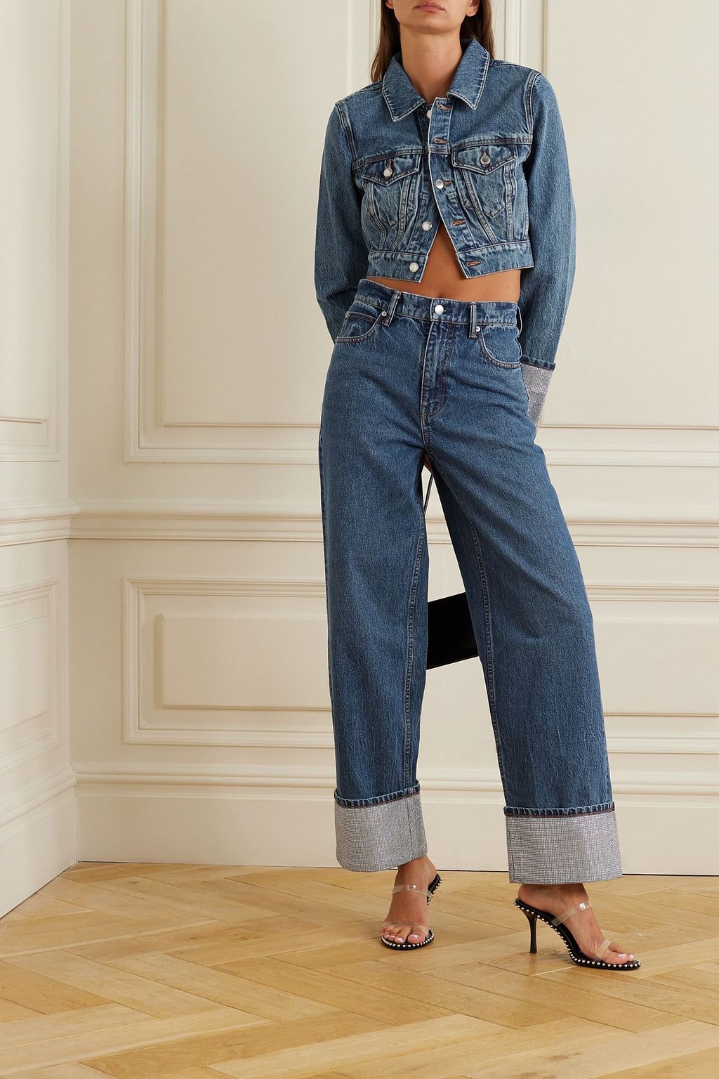 ALEXANDER WANG デニム クロップドジャケット クリスタル付き
