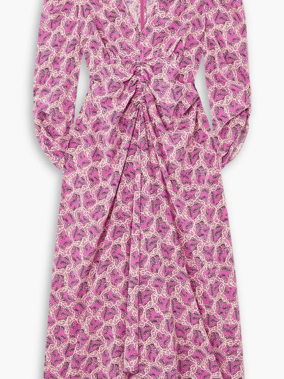 albini gathered printed silk-blend midi dress