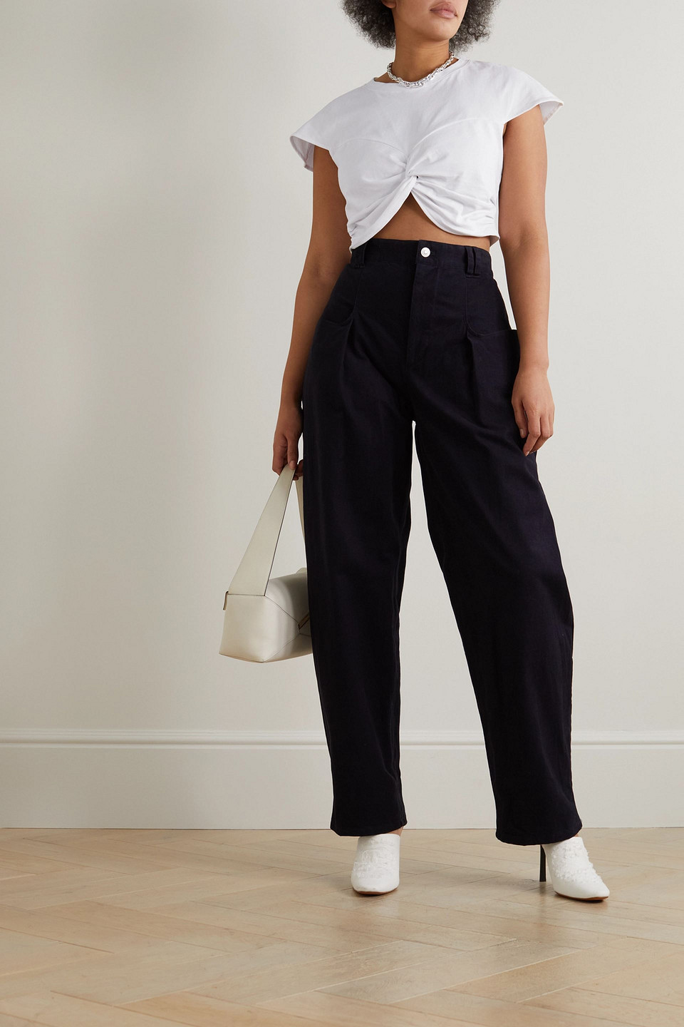 Isabel Marant Zineae Cropped Twist-front Cotton-jersey T-shirt In Weiss