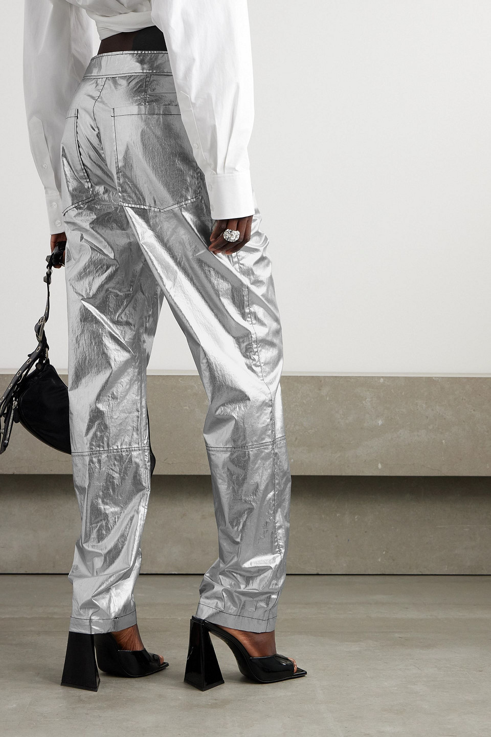 ISABEL MARANT ANEA PANELED METALLIC COATED COTTON-BLEND PANTS