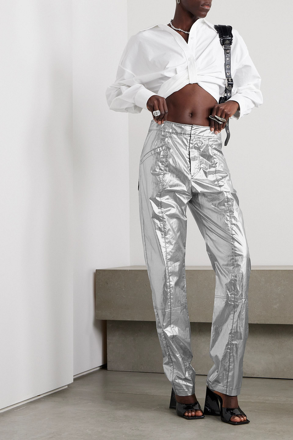 ISABEL MARANT ANEA PANELED METALLIC COATED COTTON-BLEND PANTS