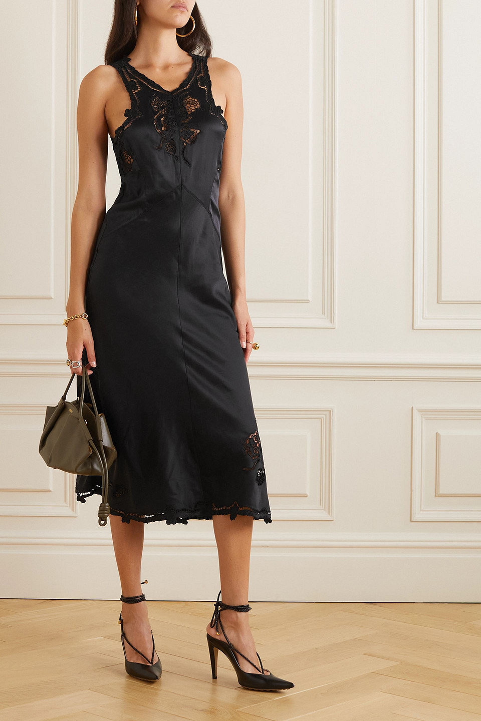 ISABEL MARANT JADEL OPEN-BACK LACE-TRIMMED STRETCH-SILK SATIN MIDI DRESS