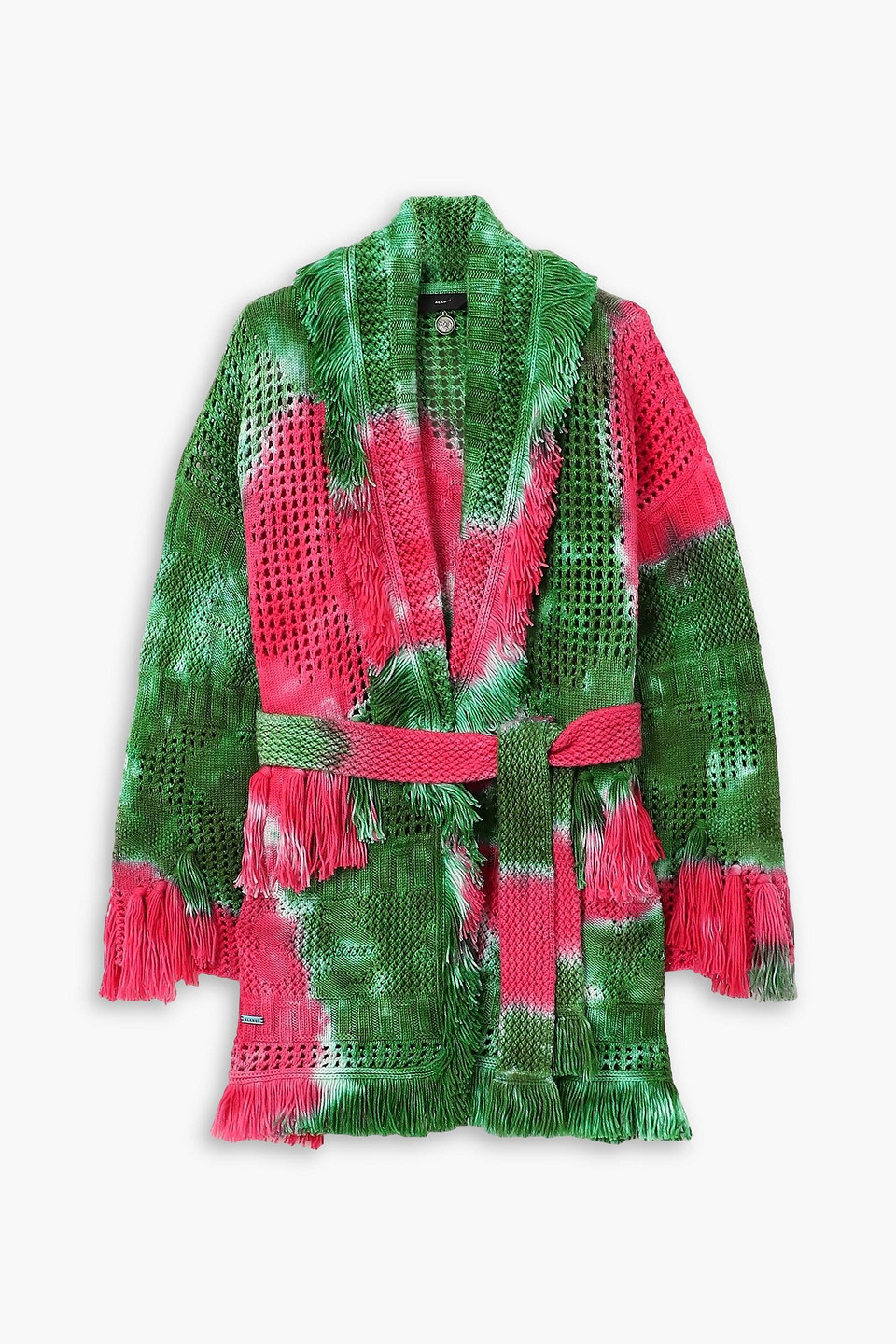 Alanui California Dreamin Fringed Tie-dyed Open-knit Wool Cardigan In Pink
