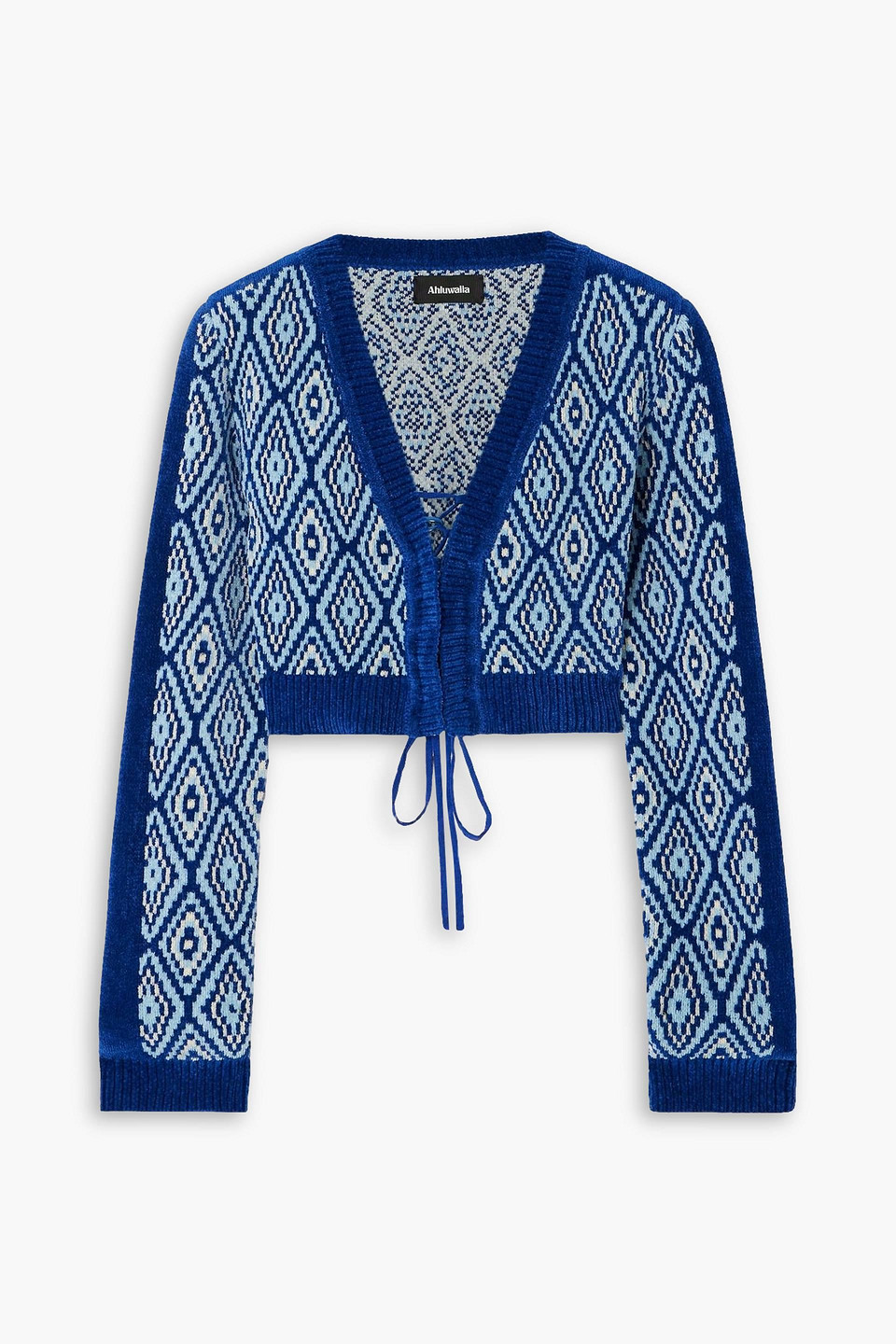 Ahluwalia Vixen Cropped Jacquard-knit Cardigan In Blue