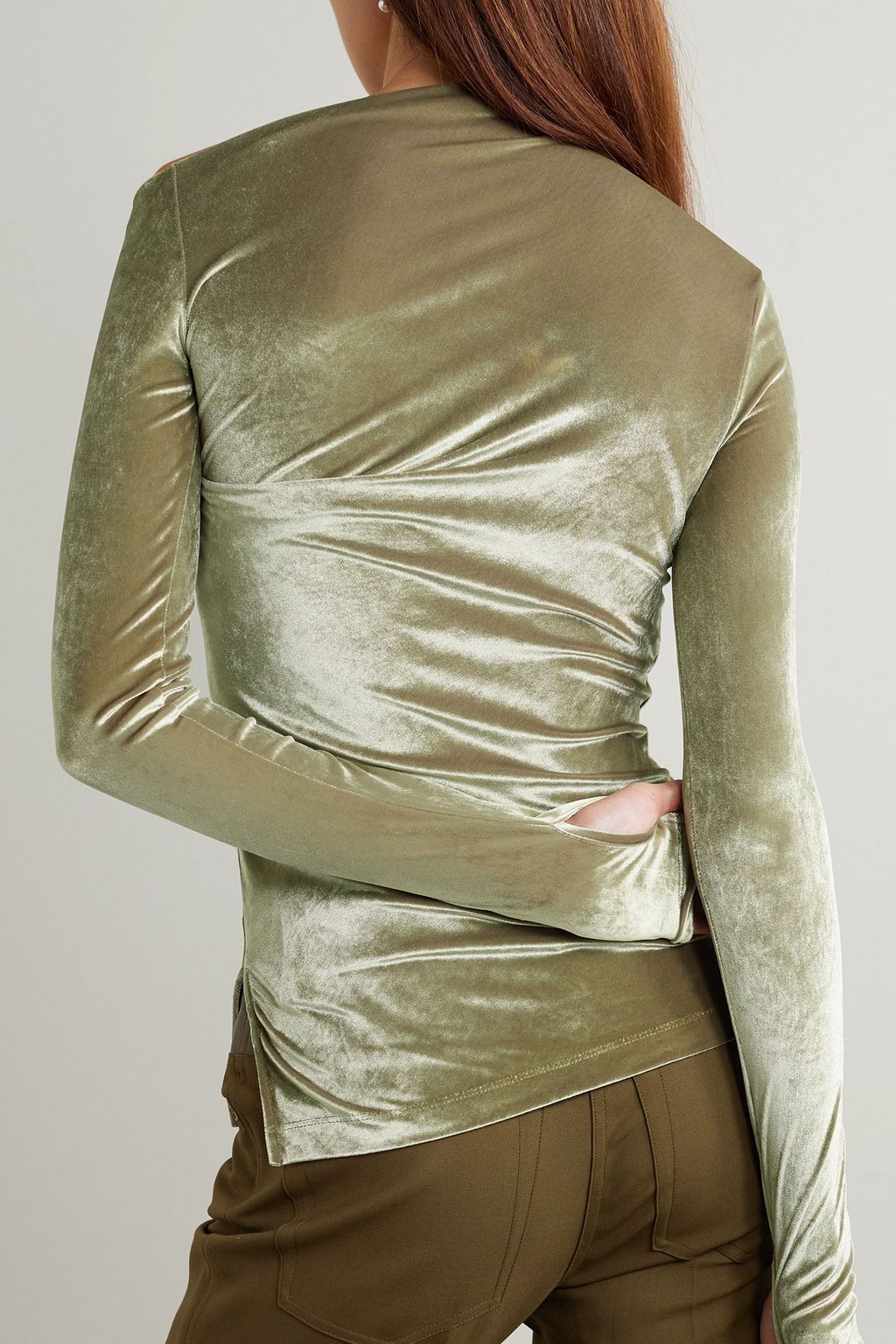 HELMUT LANG Asymmetric ruched stretch-velvet top