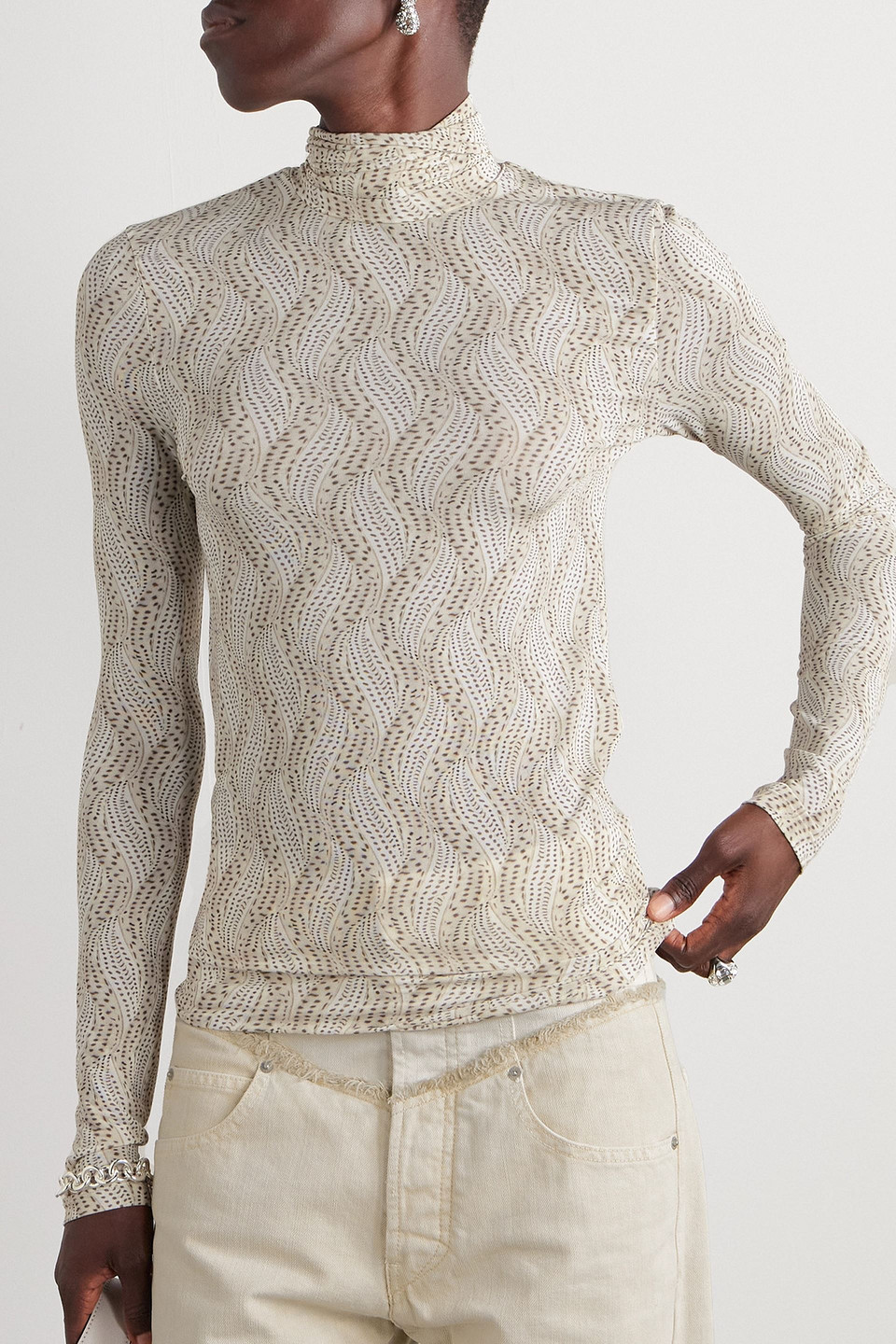 Isabel Marant Joyela Printed Jersey Turtleneck Top In Creme