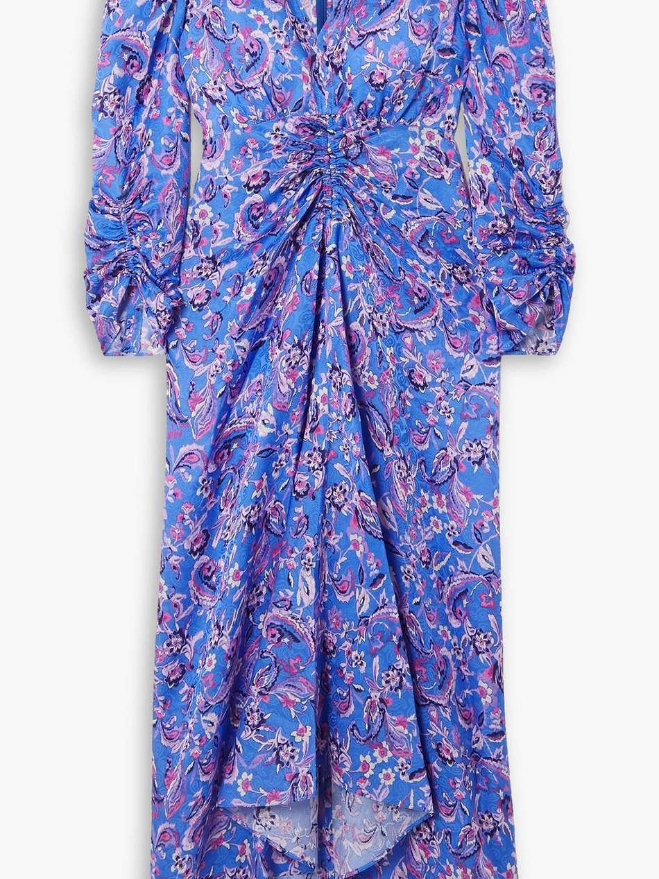 ruched printed satin-jacquard midi dress