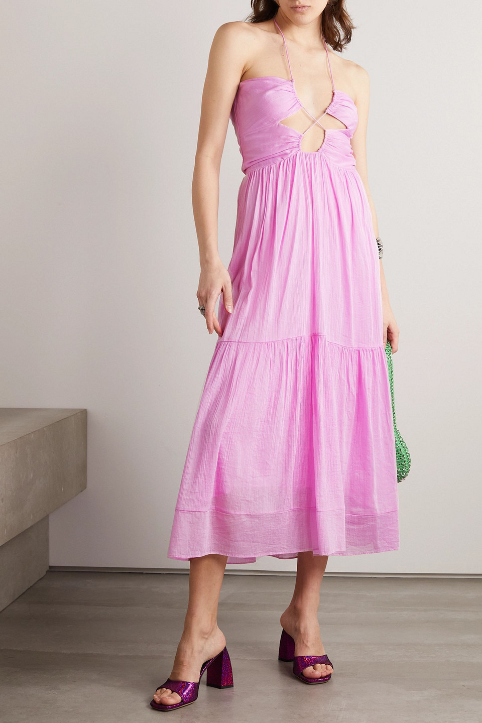 ISABEL MARANT BIRONA CUTOUT COTTON AND SILK-BLEND CREPON HALTERNECK MIDI DRESS