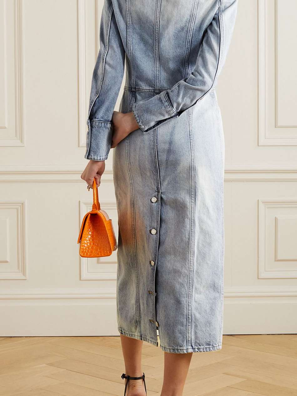 embroidered denim midi dress